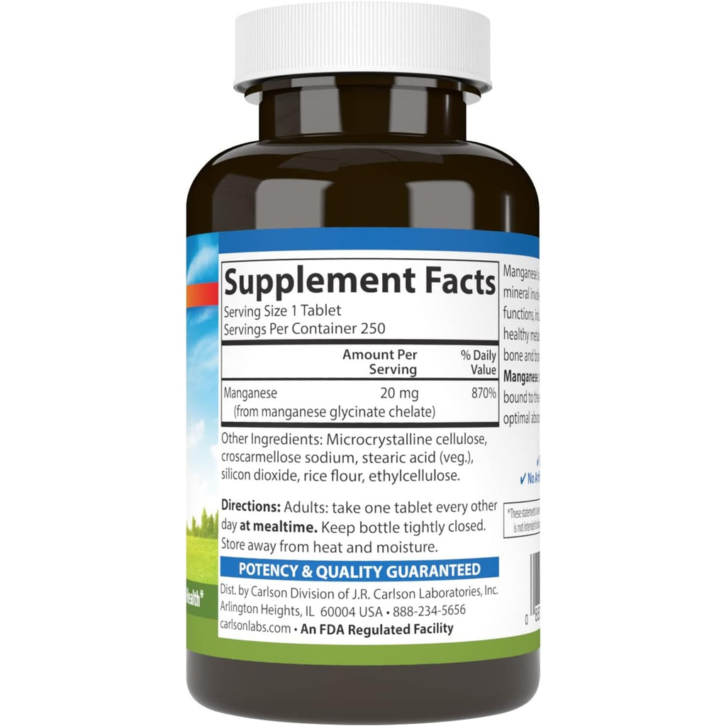 Carlson Labs Manganeso Quelado 20 mg 250 Tabletas
