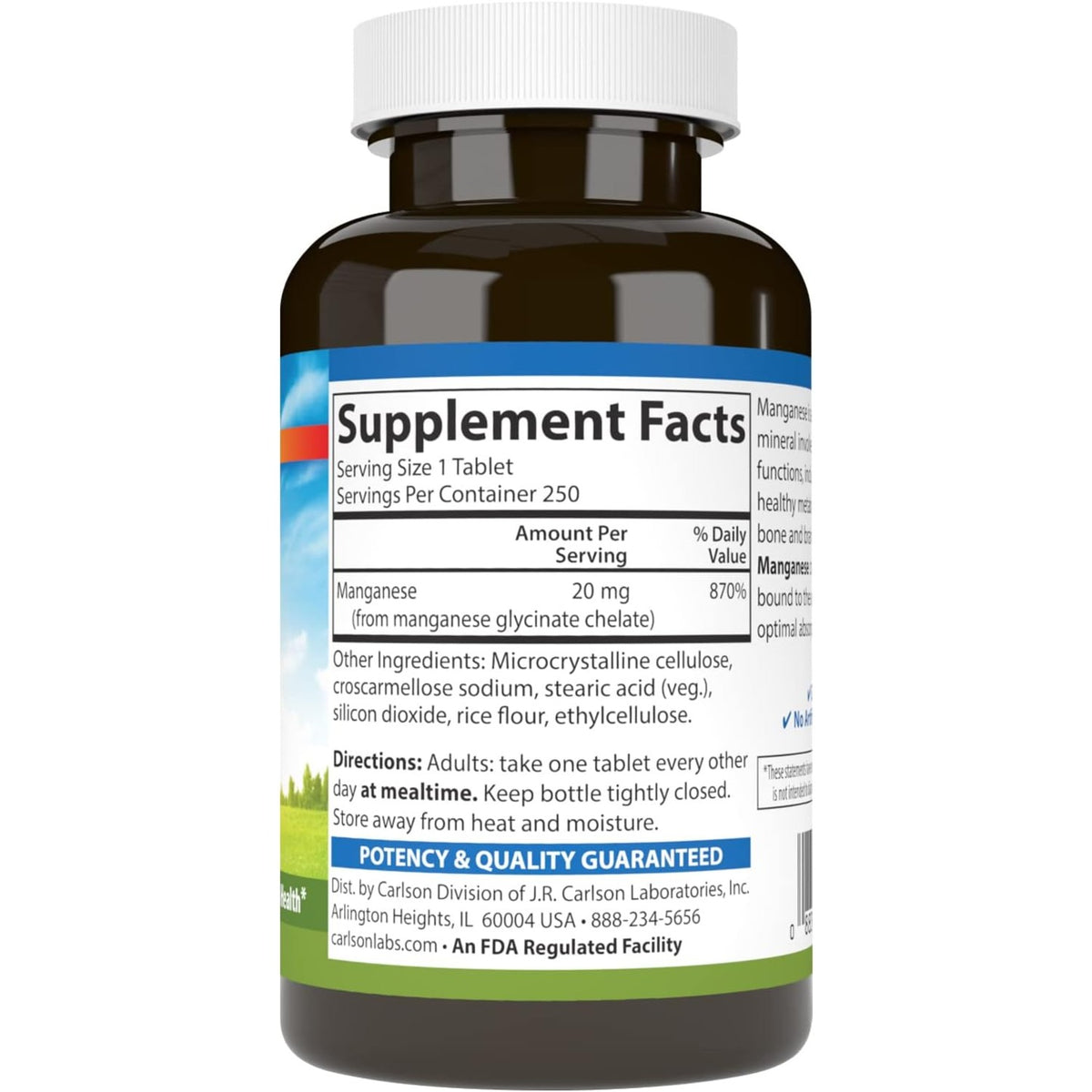 Carlson Labs Manganeso Quelado 20 mg 250 Tabletas