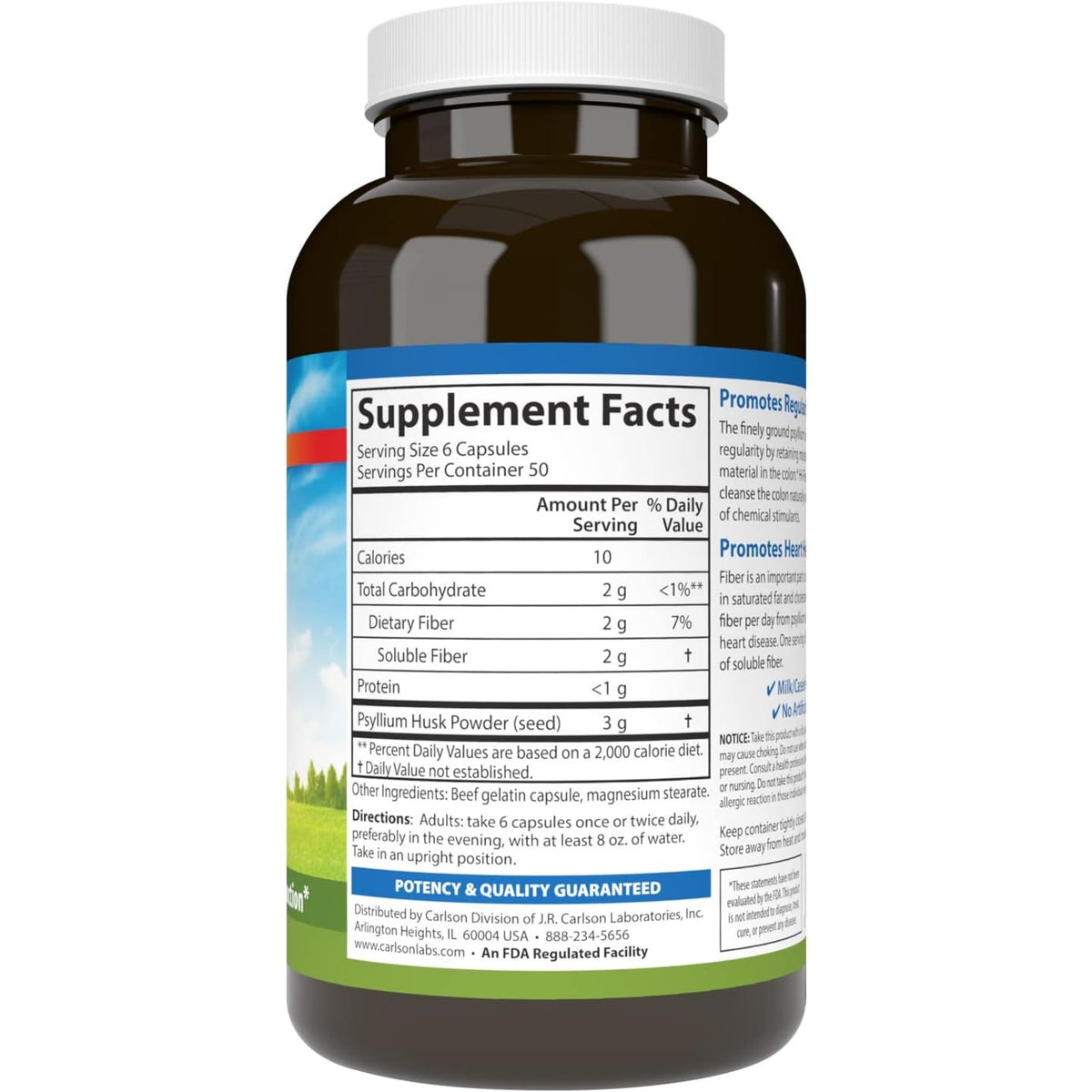 Carlson Labs Hi-Fiber Cáscara de Psyllium 300 Cápsulas