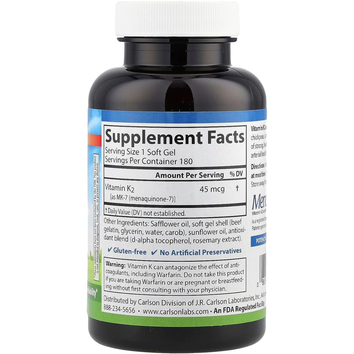 Carlson Labs Vitamina K2 MK-7 45 mcg 180 Cápsulas Blandas