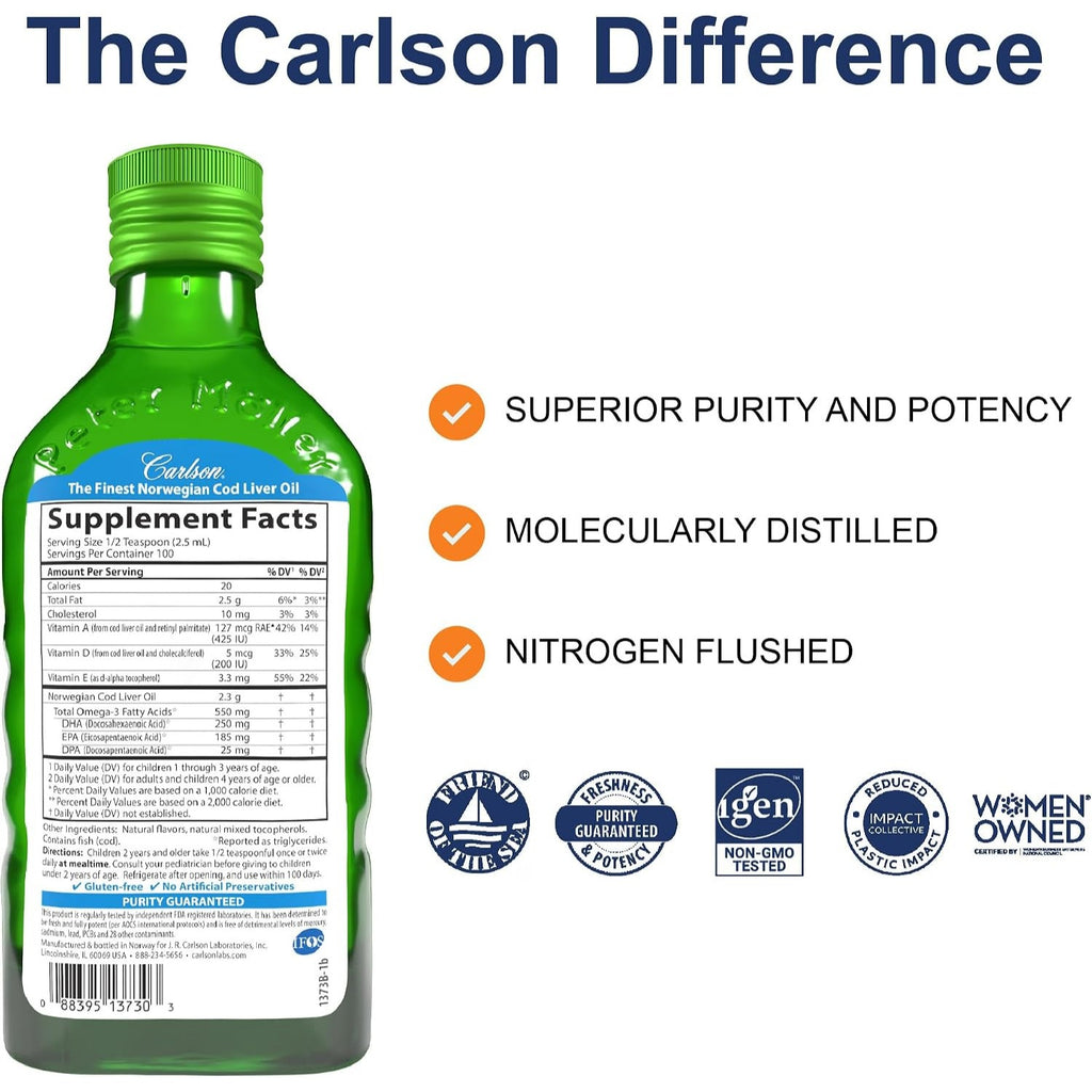 Carlson Labs Kids Aceite de Hígado de Bacalao Omega-3 550 mg 250 ml Sabor Manzana Verde