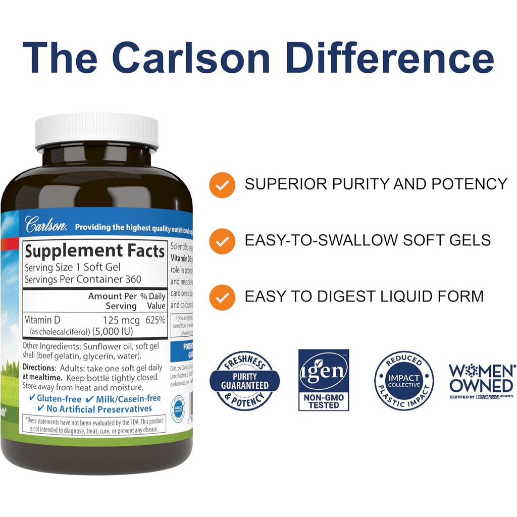 Carlson Labs Vitamina D3 5000 UI 360 Cápsulas Blandas
