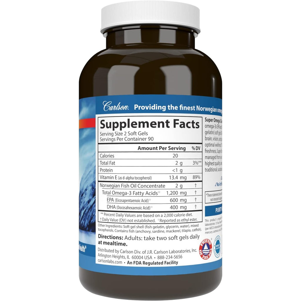 Carlson Labs Super Omega-3 1200 mg 180 Cápsulas Blandas