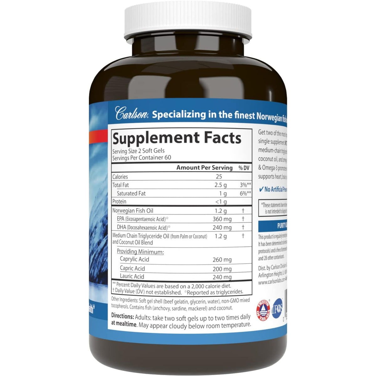 Carlson Labs MCT y Omega-3 120 Cápsulas Blandas