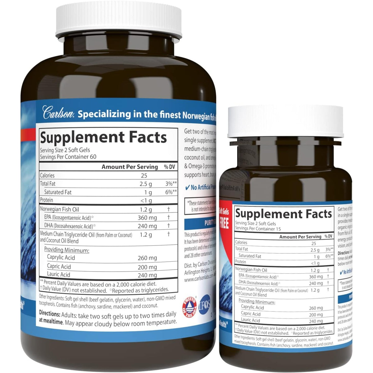 Carlson Labs MCT y Omega-3 120 + 30 Cápsulas Blandas