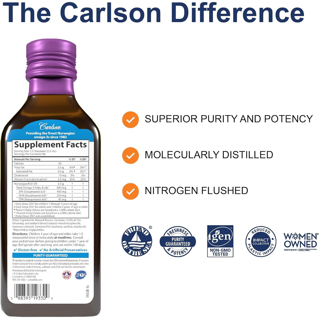 Carlson Labs Kids The Very Finest Fish Oil Omega-3 800 mg 200 ml Sabor Bayas Mixtas