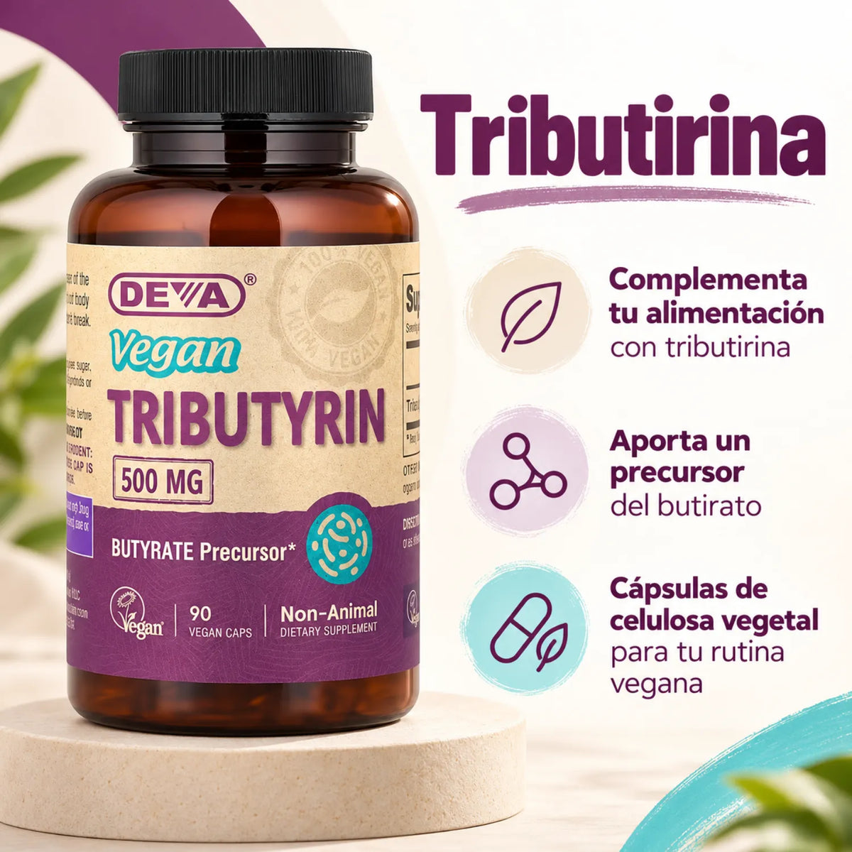 Deva Nutrition Vegan Tributyrin - 500 mg Con 90 Capsulas Veganas