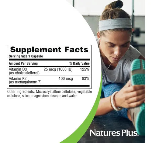 Natures Plus Vitamina D3 1000 UI + K2 100 mcg | 90 Cápsulas Vegetales | Salud Ósea y Apoyo Inmunológico | Absorción de Calcio | Suplemento Alimenticio