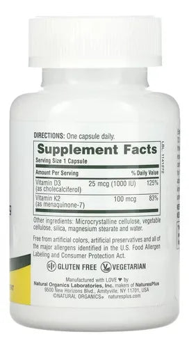 Natures Plus Vitamina D3 1000 UI + K2 100 mcg | 90 Cápsulas Vegetales | Salud Ósea y Apoyo Inmunológico | Absorción de Calcio | Suplemento Alimenticio