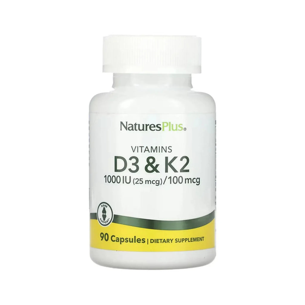 Natures Plus Vitamina D3 1000 UI + K2 100 mcg | 90 Cápsulas Vegetales | Salud Ósea y Apoyo Inmunológico | Absorción de Calcio | Suplemento Alimenticio