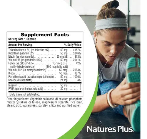 Natures Plus Super B-50 Complex | 60 Cápsulas Vegetarianas | Complejo B | Energía y Sistema Nervioso | Suplemento Alimenticio