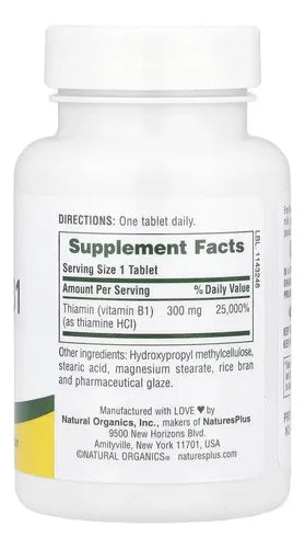 Natures Plus Vitamina B1 300 mg | 90 Tabletas | Energía y Metabolismo | Apoyo al Sistema Nervioso | Liberación Prolongada | Suplemento Alimenticio