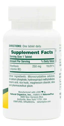 Natures Plus Vitamina B2 250 mg | 60 Tabletas | Riboflavina de Liberación Prolongada | Energía y Sistema Nervioso | Suplemento Alimenticio