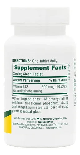 Natures Plus Vitamina B12 500 mcg | 90 Tabletas Vegetarianas | Energía y Sistema Nervioso | Formación de Glóbulos Rojos | Suplemento Alimenticio