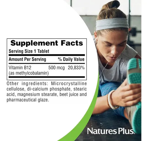 Natures Plus Vitamina B12 500 mcg | 90 Tabletas Vegetarianas | Energía y Sistema Nervioso | Formación de Glóbulos Rojos | Suplemento Alimenticio
