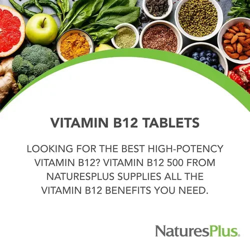Natures Plus Vitamina B12 500 mcg | 90 Tabletas Vegetarianas | Energía y Sistema Nervioso | Formación de Glóbulos Rojos | Suplemento Alimenticio