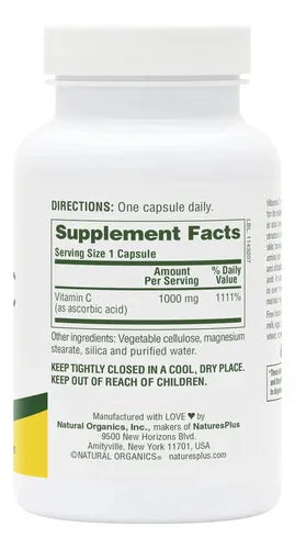 Natures Plus Vitamina C 1000 mg | 90 Cápsulas | Soporte Inmunológico y Protección Antioxidante | Formación de Colágeno | Suplemento Alimenticio