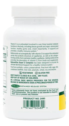 Natures Plus Super C Complex S/R | Vitamina C 1000 mg | 90 Tabletas | Liberación Prolongada | Soporte Inmunológico | Suplemento Alimenticio