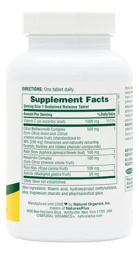 Natures Plus Super C Complex S/R | Vitamina C 1000 mg | 90 Tabletas | Liberación Prolongada | Soporte Inmunológico | Suplemento Alimenticio