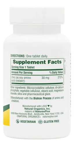 Natures Plus Zinc 30 mg | 90 Tabletas | Apoyo Inmunológico y Protección Antioxidante | Salud de la Piel y Bienestar General | Suplemento Alimenticio