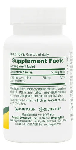 Natures Plus Zinc 50 mg | 90 Tabletas | Apoyo Inmunológico y Protección Celular | Salud de la Piel y Bienestar General | Suplemento Alimenticio