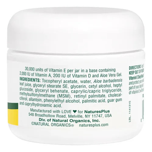 Natures Plus Vitamina E Crema | 63 g | 30,000 UI | Hidratación y Protección Antioxidante | Cuidado de la Piel | Crema Facial y Corporal