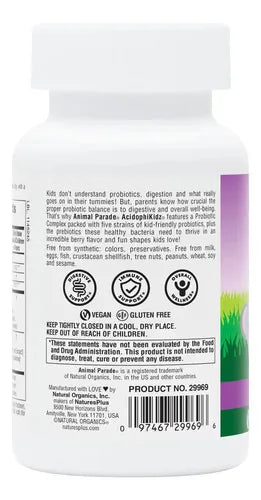 Natures Plus Animal Parade AcidophiKidz | 90 Tabletas Masticables | Probióticos Infantiles | Salud Digestiva y Equilibrio Intestinal | Suplemento Alimenticio