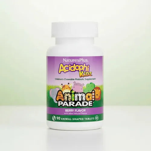 Natures Plus Animal Parade AcidophiKidz | 90 Tabletas Masticables | Probióticos Infantiles | Salud Digestiva y Equilibrio Intestinal | Suplemento Alimenticio