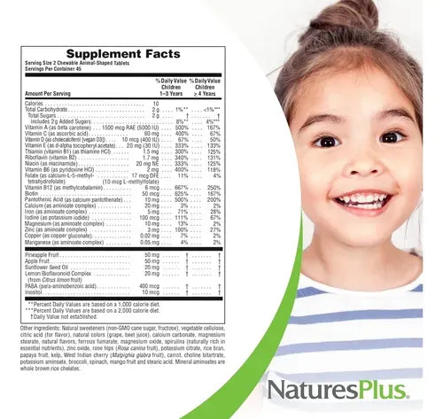 Natures Plus Animal Parade | Multivitamínico Infantil | 90 Tabletas Masticables | Vitaminas y Minerales | Suplemento Alimenticio