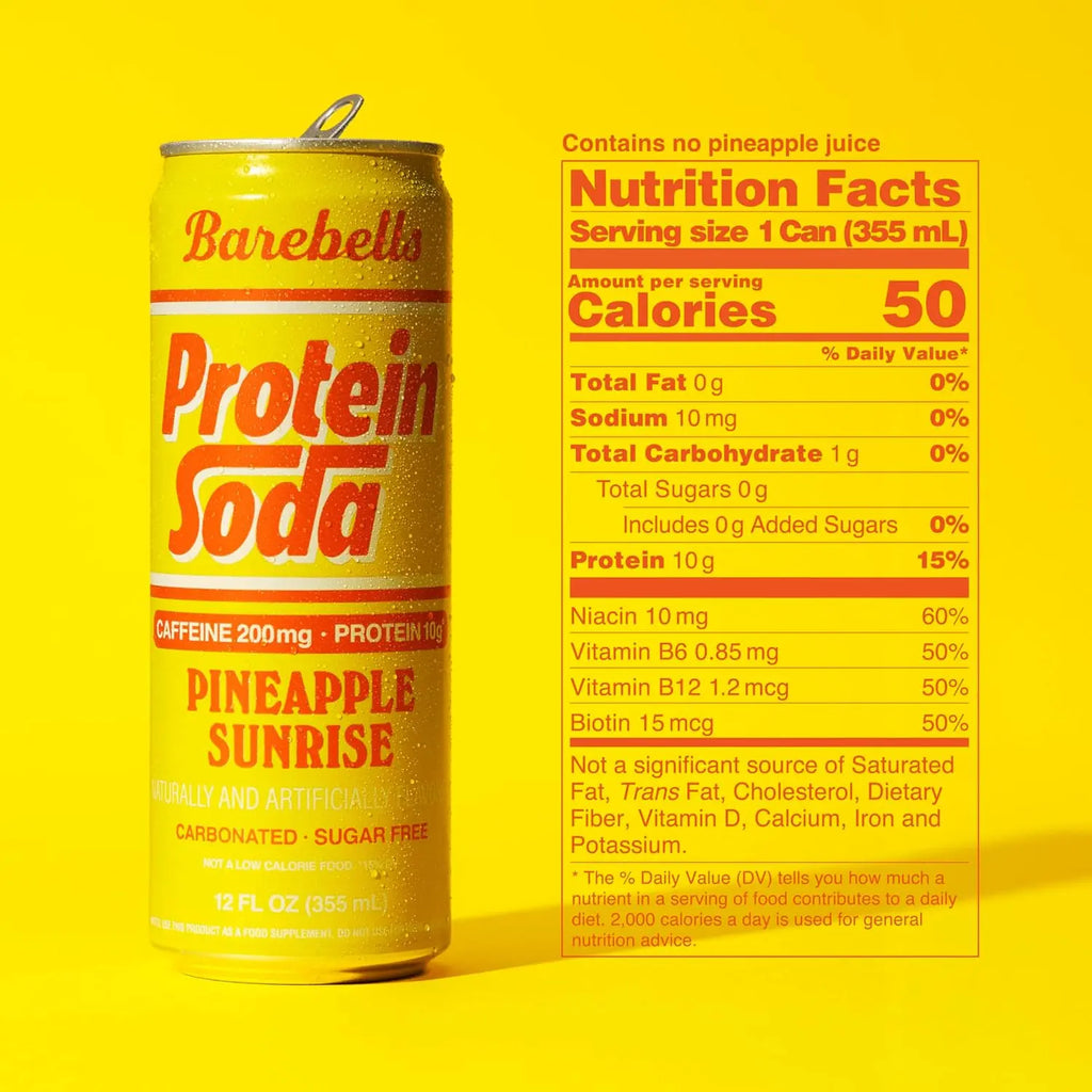 Barebells Protein Soda | Bebida Proteica con Cafeína 200 mg | 12 Latas de 355 ml | Sabor Pineapple Sunrise