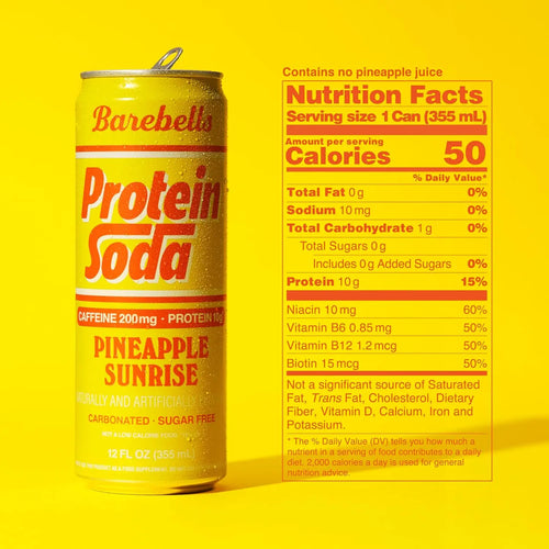 Barebells Protein Soda | Bebida Proteica con Cafeína 200 mg | 12 Latas de 355 ml | Sabor Pineapple Sunrise