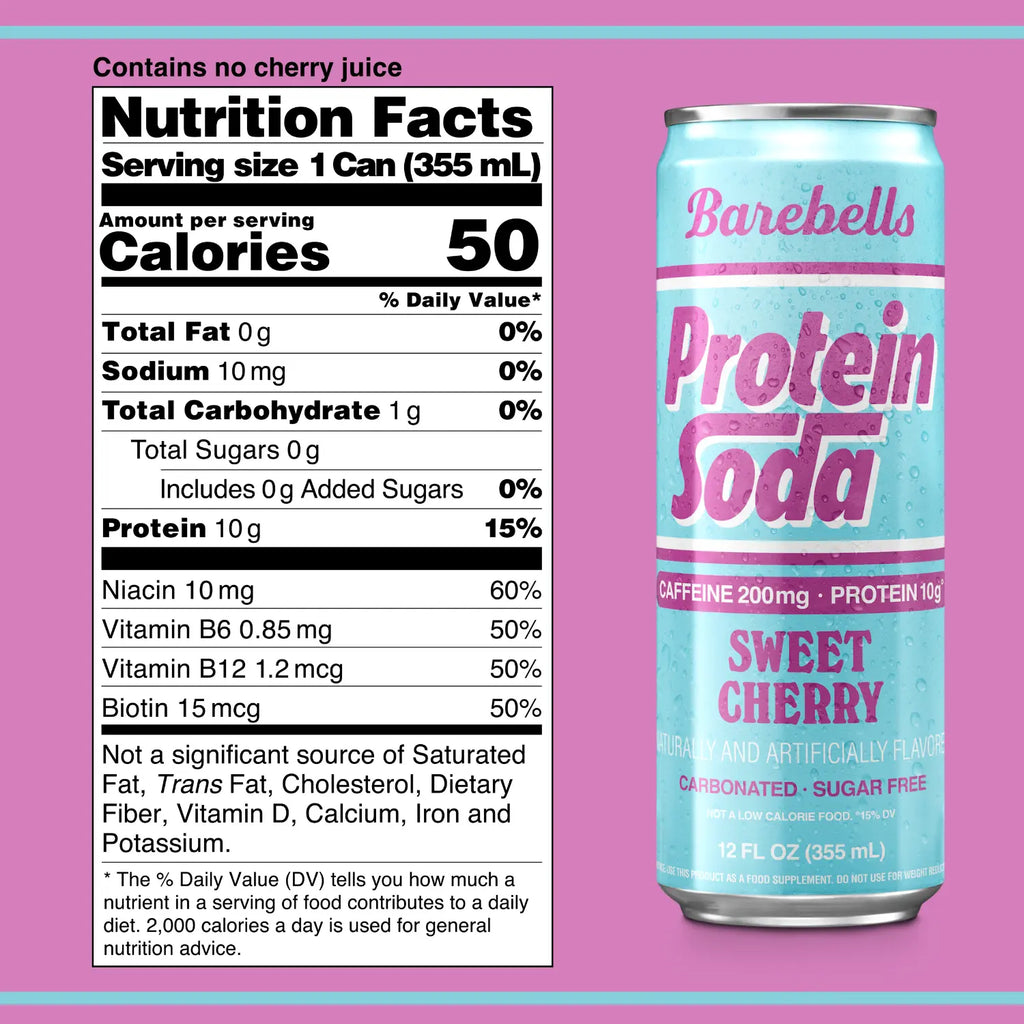 Barebells Protein Soda | Bebida Proteica con Cafeína 200 mg | 12 Latas de 355 ml | Sabor Sweet Cherry