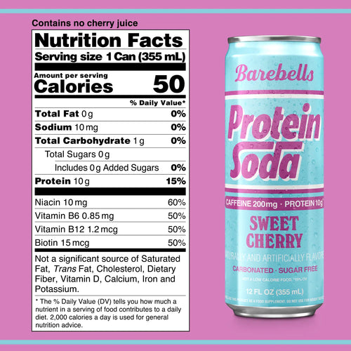Barebells Protein Soda | Bebida Proteica con Cafeína 200 mg | 12 Latas de 355 ml | Sabor Sweet Cherry