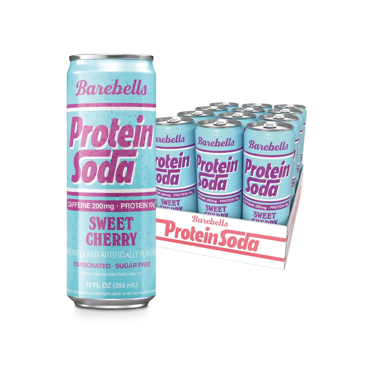 Barebells Protein Soda | Bebida Proteica con Cafeína 200 mg | 12 Latas de 355 ml | Sabor Sweet Cherry
