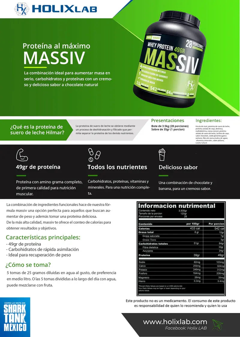 HOLIX LAB MASSIV PROTEINA WHEY 3.5 KG 28 SERVICIOS CHOCOBANANA