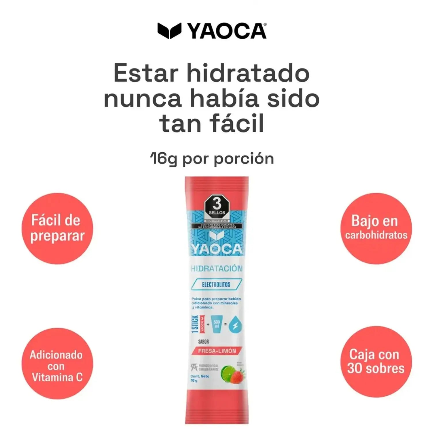 YAOCA Hidratación polvo Fresa Limón 30 pack de 16g