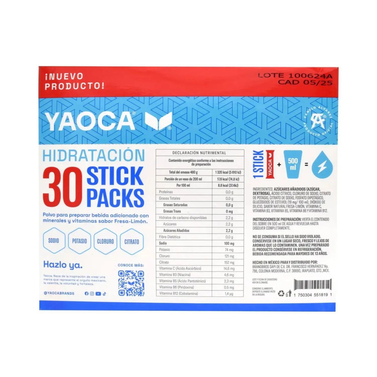 YAOCA Hidratación polvo Fresa Limón 30 pack de 16g