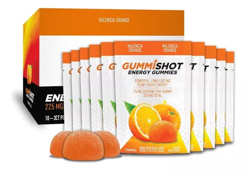 GummiShot Valencia Orange Gomitas Energéticas de Cafeína 30 Gomitas | Energía práctica para el día | 75 mg de cafeína por gomita | Con cafeína de origen vegetal y naranja real | Suplemento alimenticio