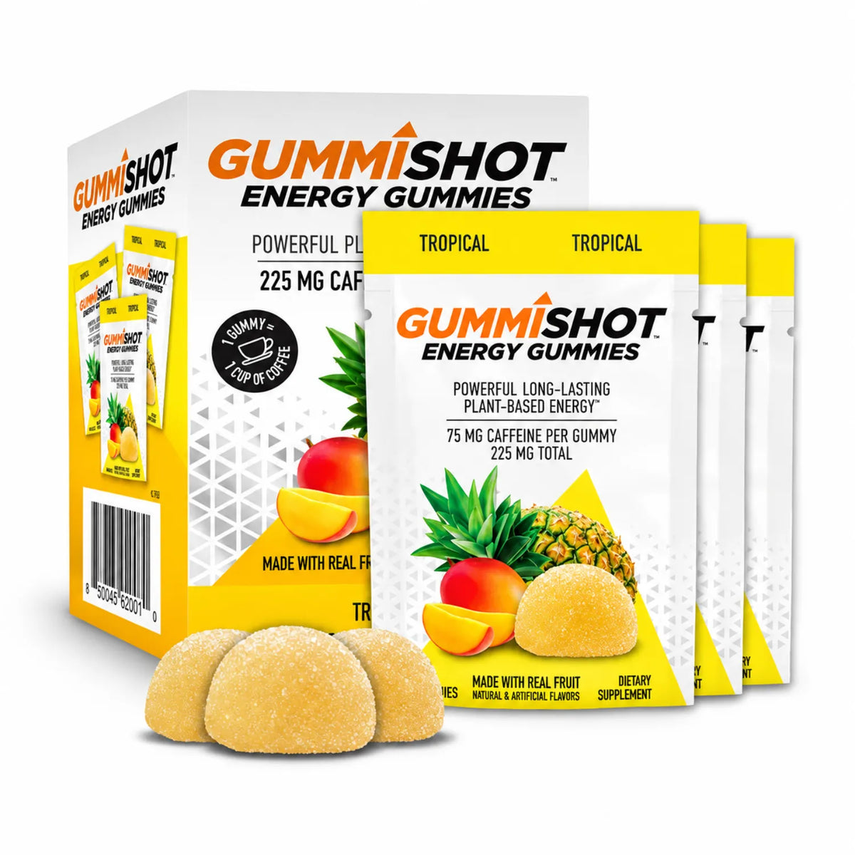 GummiShot Tropical Gomitas Energéticas de Cafeína 30 Gomitas | Energía práctica para el día | 75 mg de cafeína por gomita | Con piña y mango reales | Suplemento alimenticio