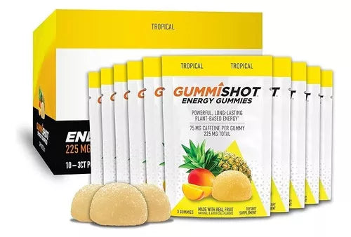 GummiShot Tropical Gomitas Energéticas de Cafeína 30 Gomitas | Energía práctica para el día | 75 mg de cafeína por gomita | Con piña y mango reales | Suplemento alimenticio