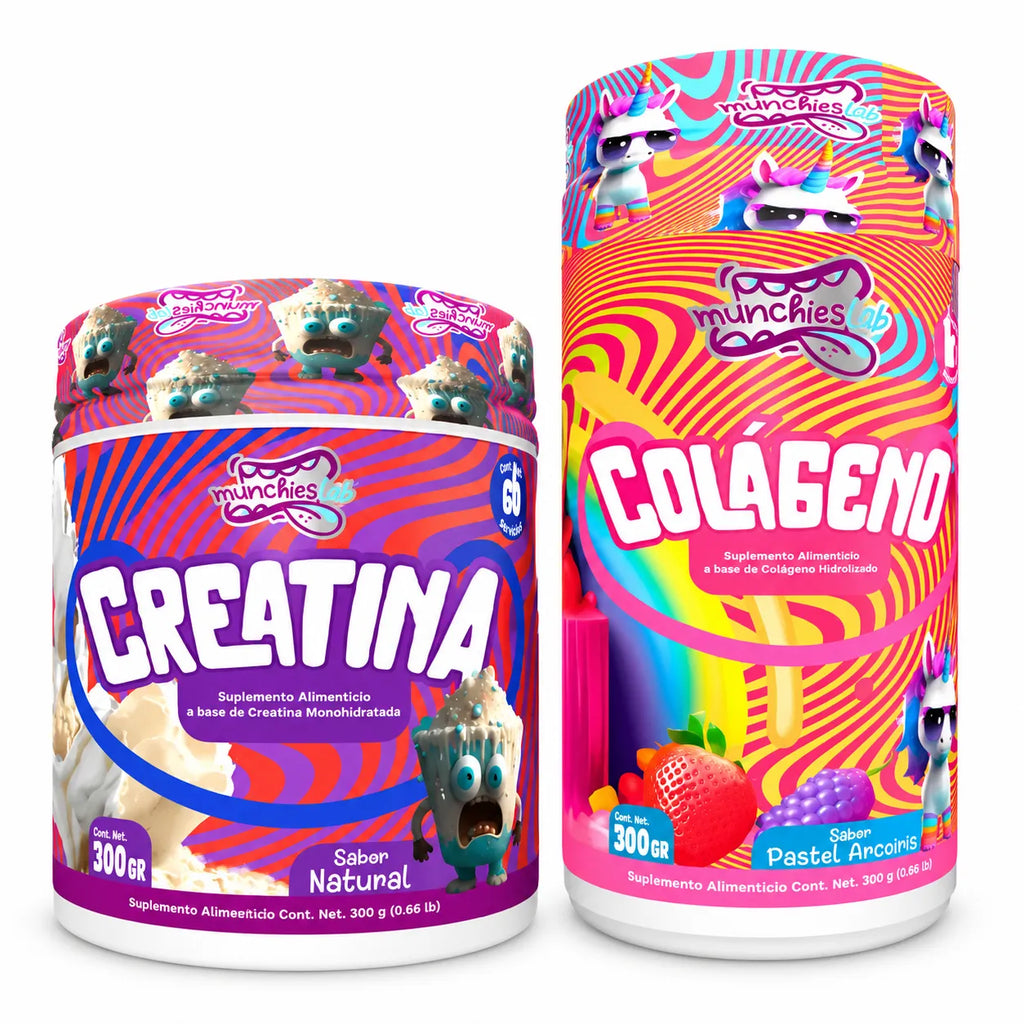 2 Pack Munchies Lab Creatina Monohidratada + Colágeno | Fuerza y Recuperación Muscular | Cuidado de la Piel y Articulaciones | Suplemento Alimenticio