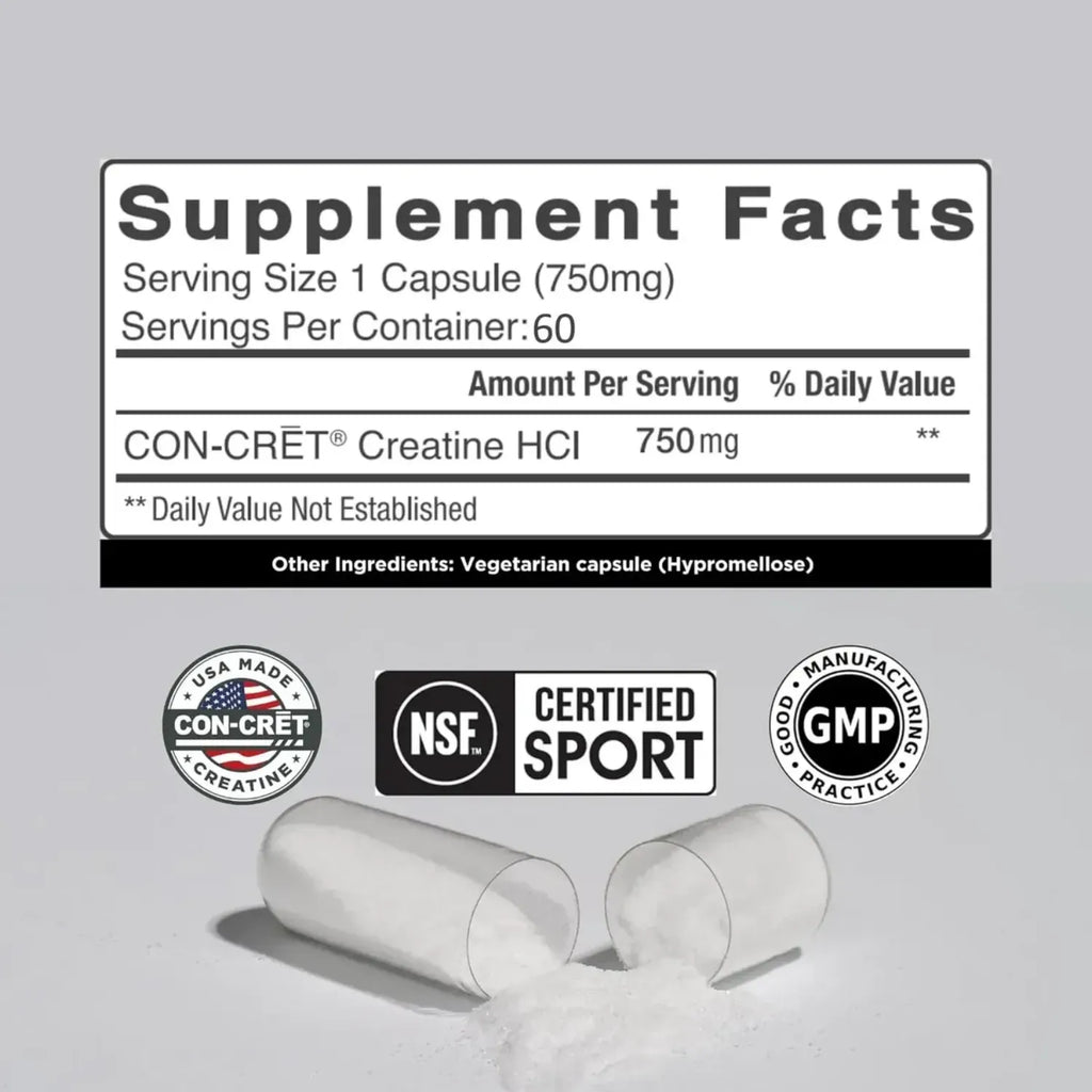 CON-CRĒT Creatine HCl | Creatina Concentrada en Cápsulas | 60 Cápsulas | 750 mg por Cápsula