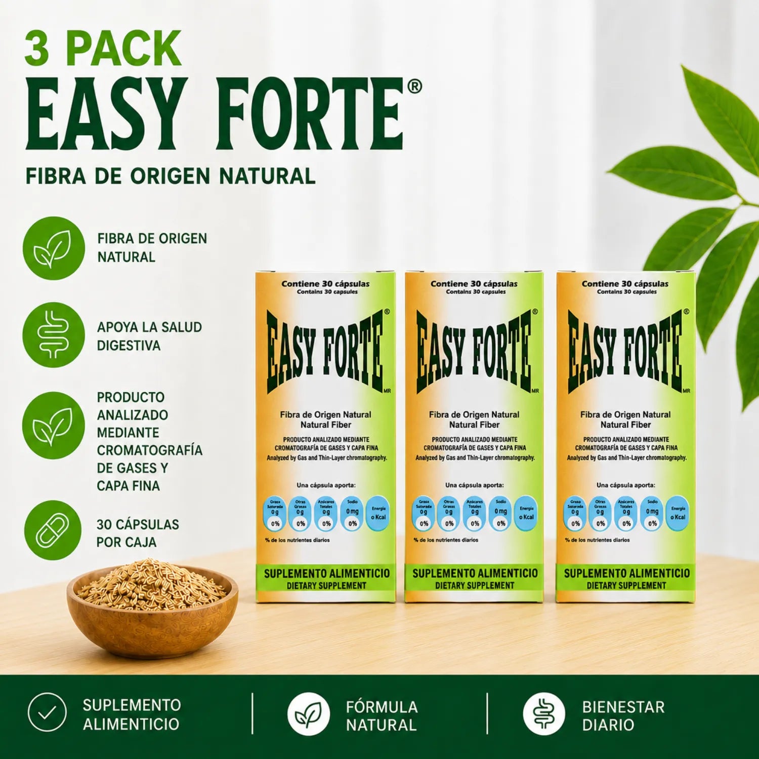 Easy Figure Easy Forte Fibra de Origen Natural 30 Capsulas Paquete de 3 Unidades