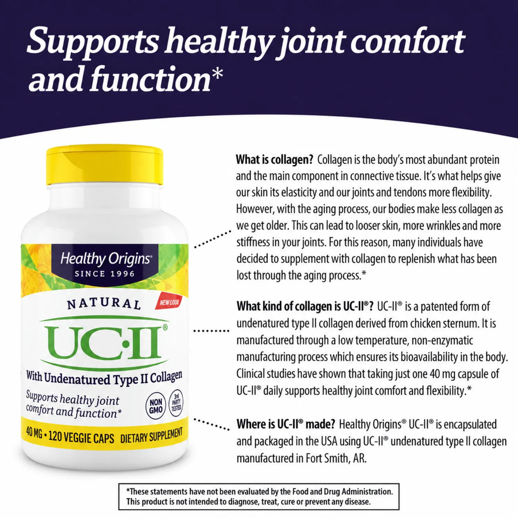 Healthy Origins UC-II Colágeno Tipo II 40 mg 120 Cápsulas | Colágeno no desnaturalizado | Apoyo a la movilidad y flexibilidad articular | 40 mg por cápsula | Suplemento alimenticio