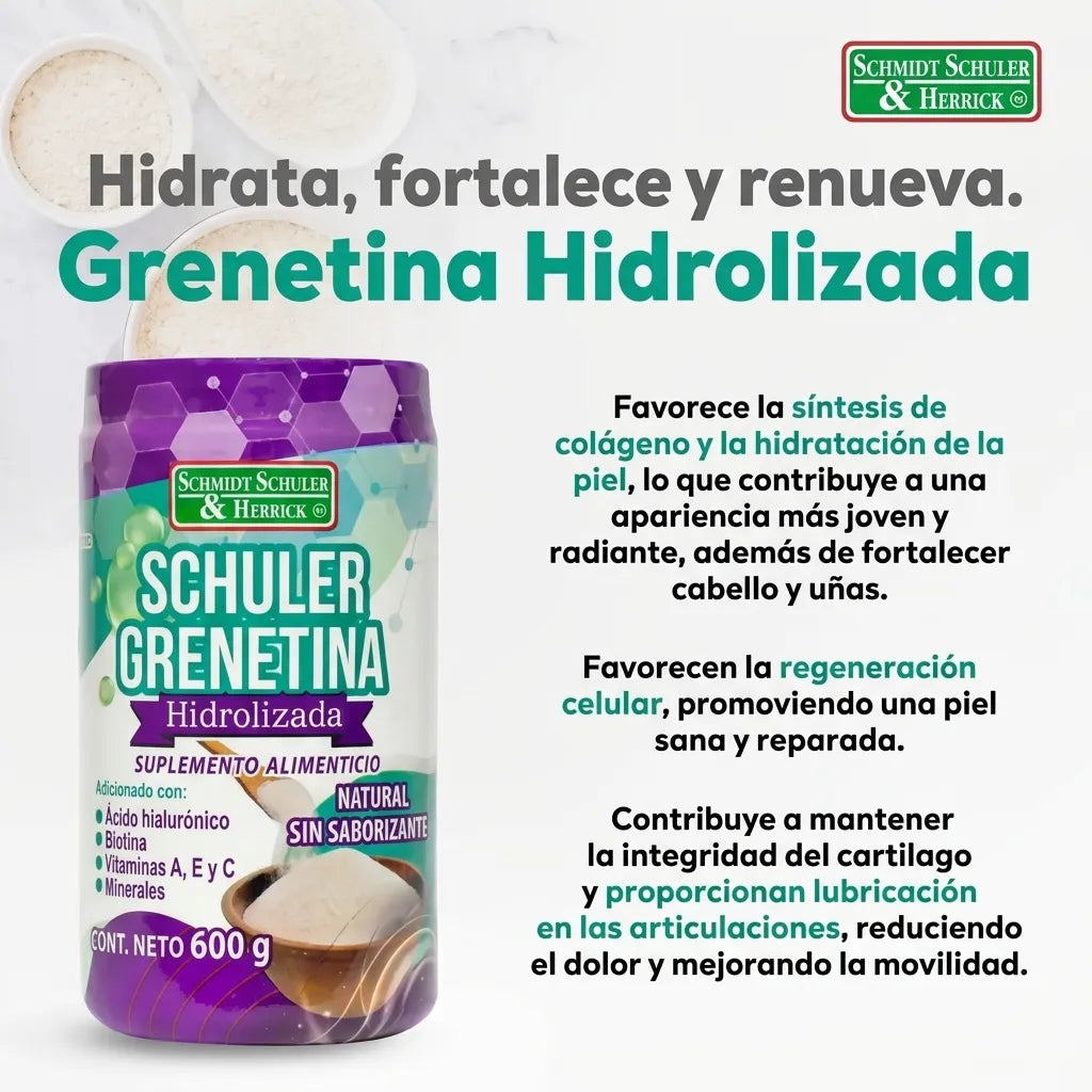 Grenetina Hidrolizada 600 g Sabor Natural Sin Saborizante Schuler | Colágeno y Biotina | Cuidado de articulaciones, piel y cabello | Fórmula adicionada con ácido hialurónico | Suplemento alimenticio
