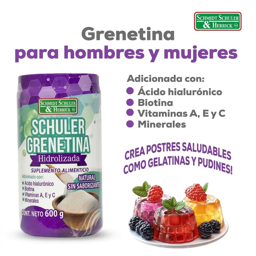 Grenetina Hidrolizada 600 g Sabor Natural Sin Saborizante Schuler | Colágeno y Biotina | Cuidado de articulaciones, piel y cabello | Fórmula adicionada con ácido hialurónico | Suplemento alimenticio