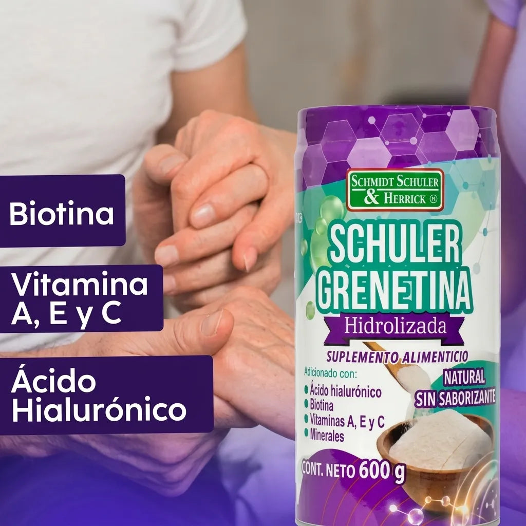 Grenetina Hidrolizada 600 g Sabor Frutos Rojos Schuler | Colágeno y Biotina | Cuidado de articulaciones, piel y cabello | Fórmula adicionada con ácido hialurónico | Suplemento alimenticio