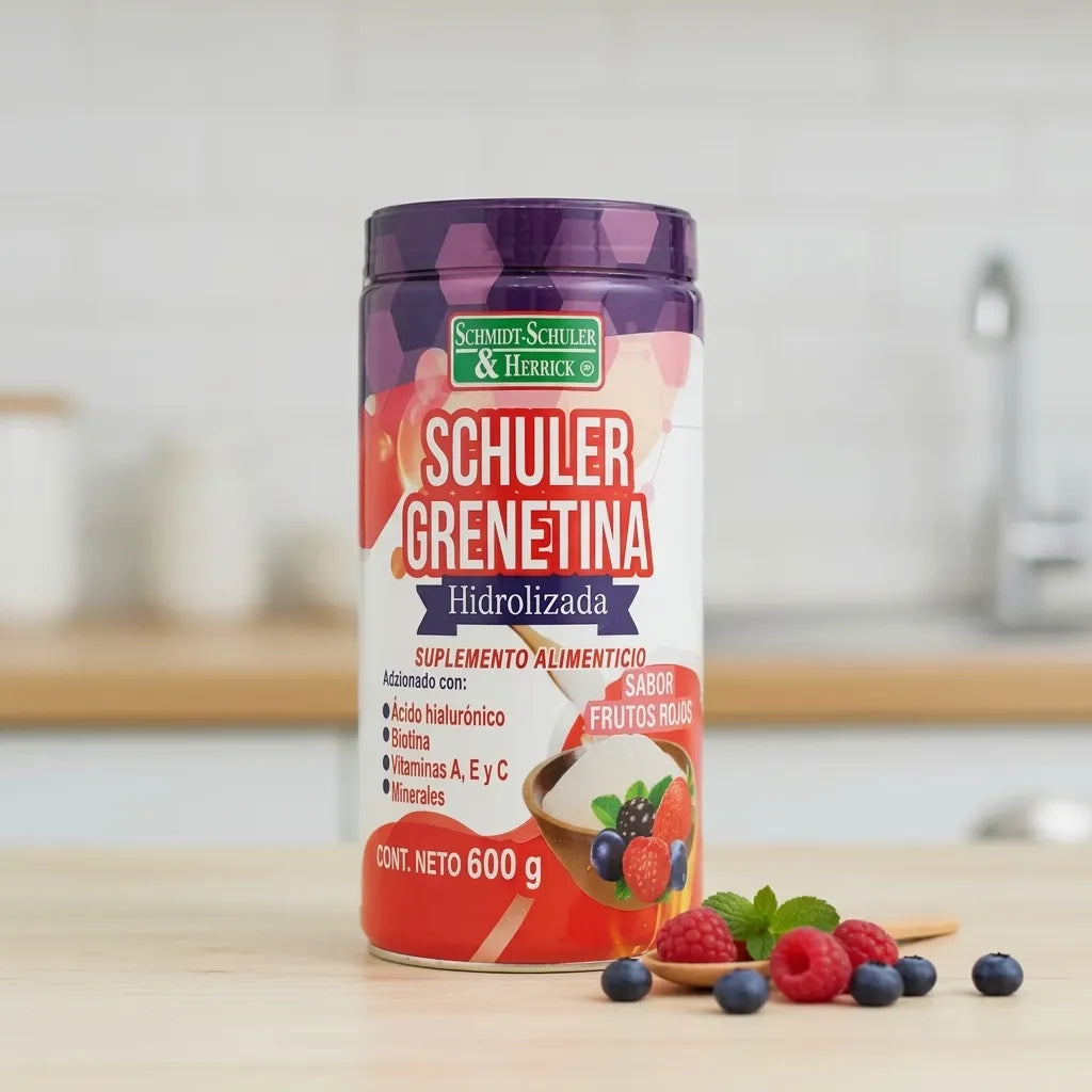 Grenetina Hidrolizada 600 g Sabor Frutos Rojos Schuler | Colágeno y Biotina | Cuidado de articulaciones, piel y cabello | Fórmula adicionada con ácido hialurónico | Suplemento alimenticio