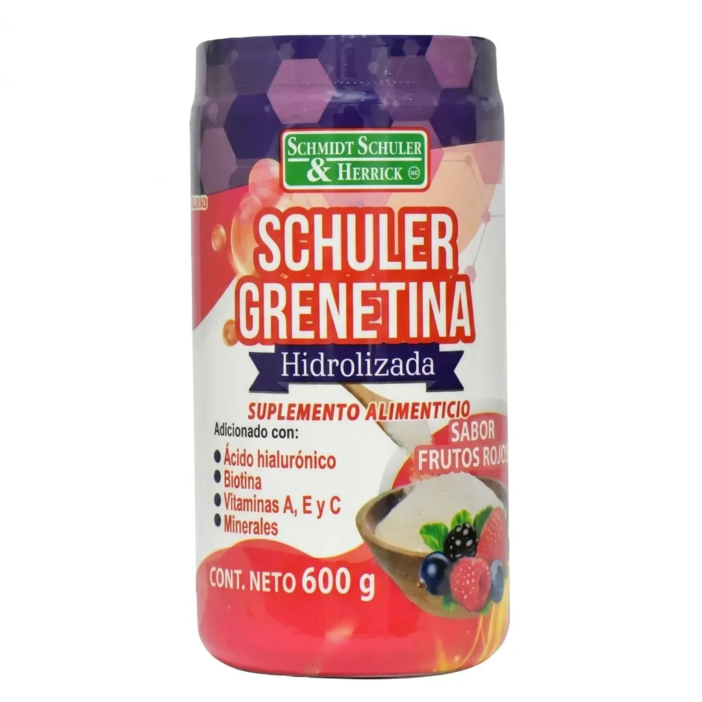 Grenetina Hidrolizada 600 g Sabor Frutos Rojos Schuler | Colágeno y Biotina | Cuidado de articulaciones, piel y cabello | Fórmula adicionada con ácido hialurónico | Suplemento alimenticio