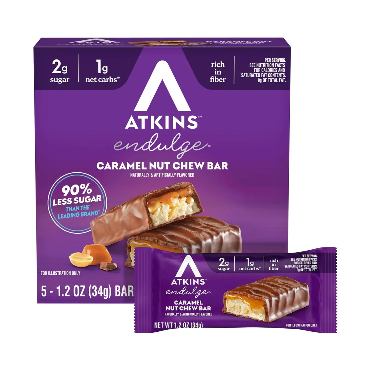 Atkins Endulge Caramel Nut Chew | Barras de Chocolate con Caramelo y Cacahuate | 5 Piezas de 34 g